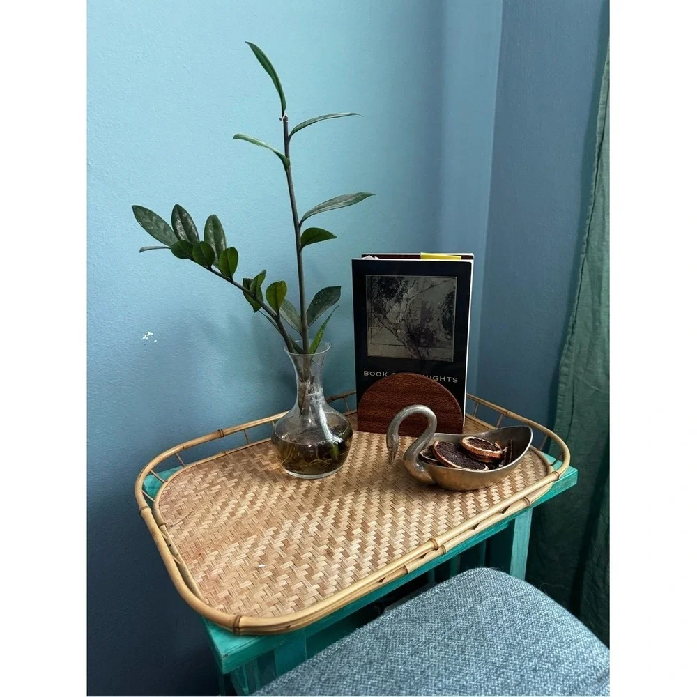 Woven Rattan Serving Tray Natural Straw Color Boho Vintage Styling (6 Available)
